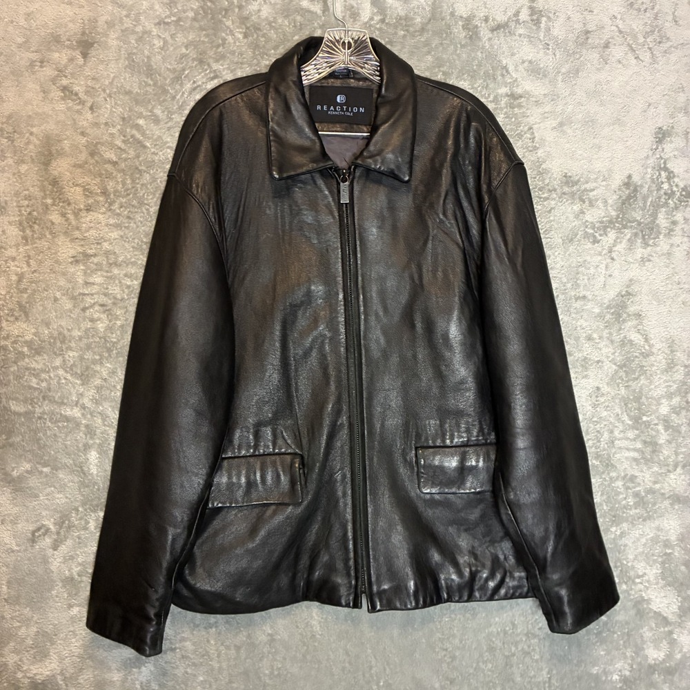 Reaction Mens Leather Full Zip Coat L Harrington Flight Aviator Classic Black